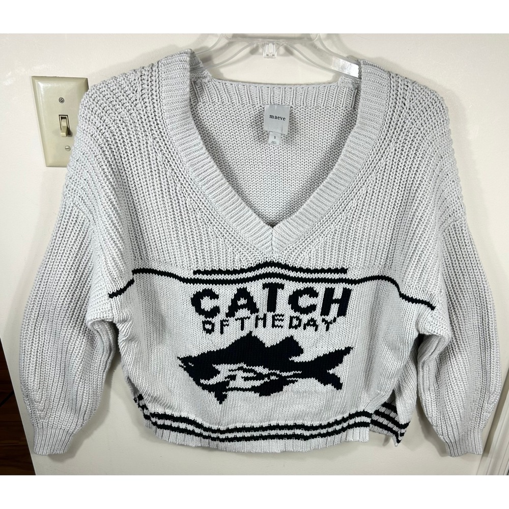 Maeve Sweater Women S Cream Catch of the Day Fish Nautical Graphic Cotton Linen